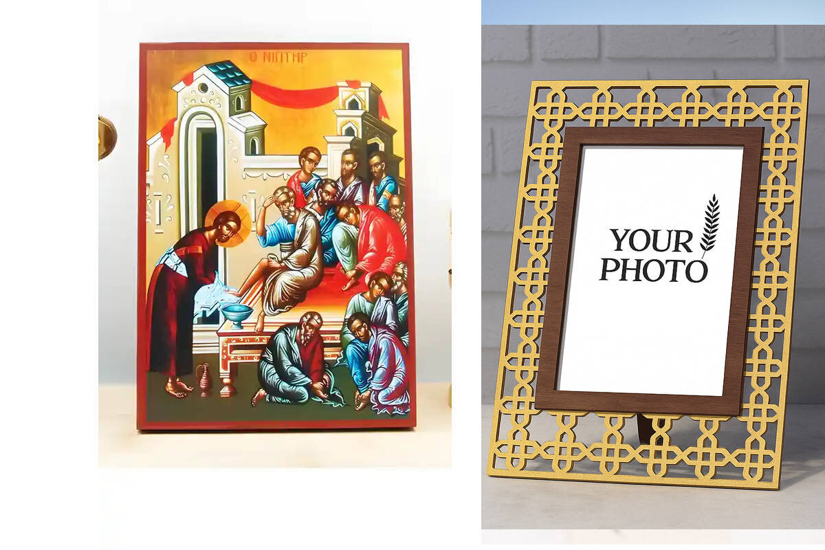 Σετ 2 τεμαχίων – Εικόνα Ορθοδοξίας Πολυτελείας  με  σχεδιο Σταυρούς μαζι με  Βάση σε  8 χρώματα με περίγραμμα χρυσό σε ξύλο Plywood (Πλακάζ)   με  βάση The Washbowl, Ιησούς Χριστός που πλένει τα πόδια των Αποστόλων, Ξύλινη Χειροποίητη Εικόνα Ελληνικού Pre