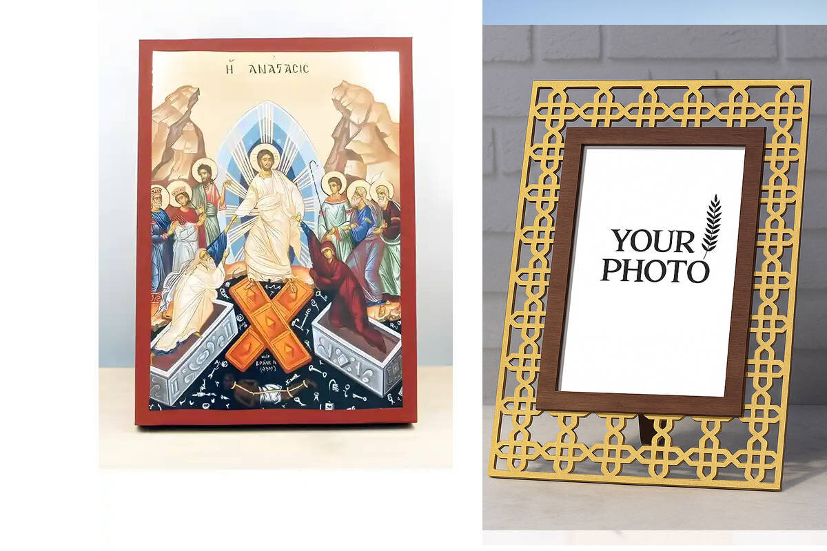 Σετ 2 τεμαχίων – Εικόνα Ορθοδοξίας Πολυτελείας  με  σχεδιο Σταυρούς μαζι με  Βάση σε  8 χρώματα με περίγραμμα χρυσό σε ξύλο Plywood (Πλακάζ)   με  βάση Ανάσταση του Ιησού Χριστού, Ξύλινη Χειροποίητη Εικόνα με Φύλλο Χρυσού Τοίχου Ελληνικού Premium Βυζαντιν