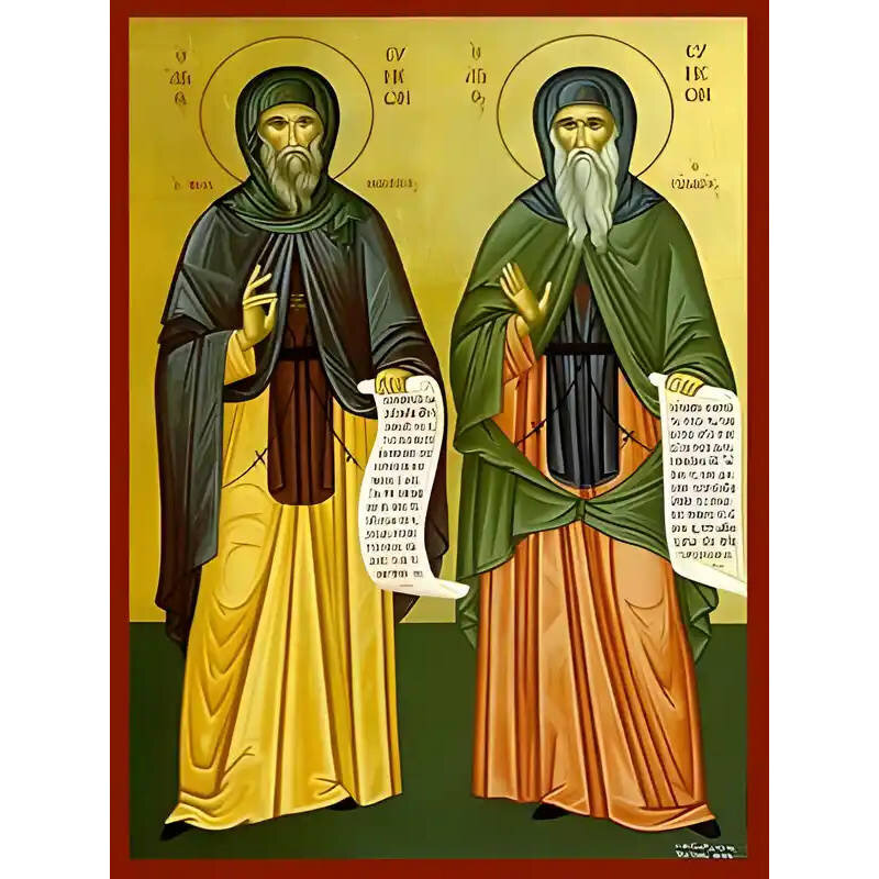 Εικόνα Ορθοδοξίας με περίγραμμα χρυσό σε ξύλο Φλαμουρίας  με  βάση Εικόνα ΑΓΙΟΙ ΣΥΜΕΩΝ Ο ΝΕΟΣ ΘΕΟΛΟΓΟΣ ΚΑΙ ΣΥΜΕΩΝ Ο ΕΥΛΑΒΗΣ, ΟΛΟΣΩΜΟΙ Χειροποίητη Ελληνορθόδοξη εικόνα του Ιησού Χριστού, Κρεμαστή πλάκα βυζαντινής τέχνης, χριστιανική τέχνη Διάσταση 40x30 cm