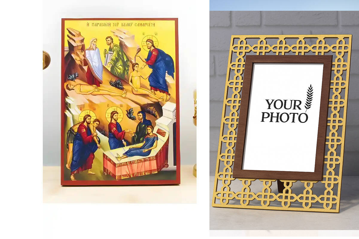 Σετ 2 τεμαχίων – Εικόνα Ορθοδοξίας Πολυτελείας  με  σχεδιο Σταυρούς μαζι με  Βάση σε  8 χρώματα με περίγραμμα χρυσό σε ξύλο Plywood (Πλακάζ)   με  βάση Ιησούς Χριστός Παραβολή του Καλού Σαμαρείτη, Ξύλινη Χειροποίητη Εικόνα Ελληνικού Premium Βυζαντινού Στυ