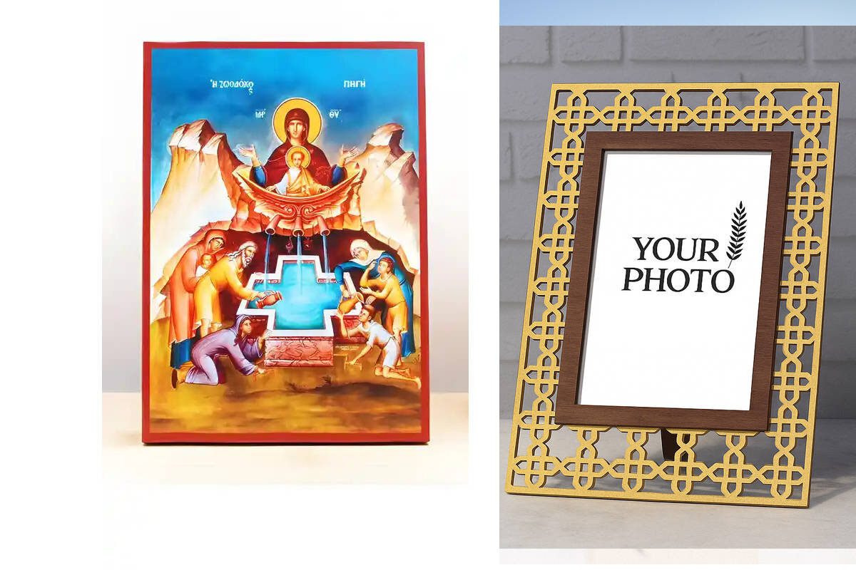 Σετ 2 τεμαχίων – Εικόνα Ορθοδοξίας Πολυτελείας  με  σχεδιο Σταυρούς μαζι με  Βάση σε  8 χρώματα με περίγραμμα χρυσό σε ξύλο Plywood (Πλακάζ)   με  βάση Παναγία η Ζωοδόχος Πηγή με τον Ιησού Μπλε, Ξύλινη Χειροποίητη Εικόνα Ελληνικού Premium Βυζαντινού Στυλ