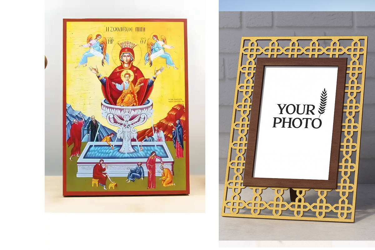 Σετ 2 τεμαχίων – Εικόνα Ορθοδοξίας Πολυτελείας  με  σχεδιο Σταυρούς μαζι με  Βάση σε  8 χρώματα με περίγραμμα χρυσό σε ξύλο Plywood (Πλακάζ)   με  βάση Παναγία η Ζωοδόχος Πηγή με Jesus Beige, Ξύλινη Χειροποίητη Εικόνα Ελληνικού Premium Βυζαντινού Στυλ τοί