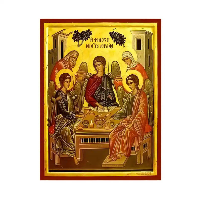 Σετ των 2 Εικόνα Ορθοδοξίας με περίγραμμα χρυσό σε ξύλο Φλαμουρίας  με  βάση Εικόνα Φιλοξενία του Αβραάμ Χειροποίητη Ελληνορθόδοξη , Κρεμαστή πλάκα βυζαντινής τέχνης, χριστιανική τέχνη Διάσταση 10x7 cm (3,9 x 2,8 ίντσες) INTRAEK-670914