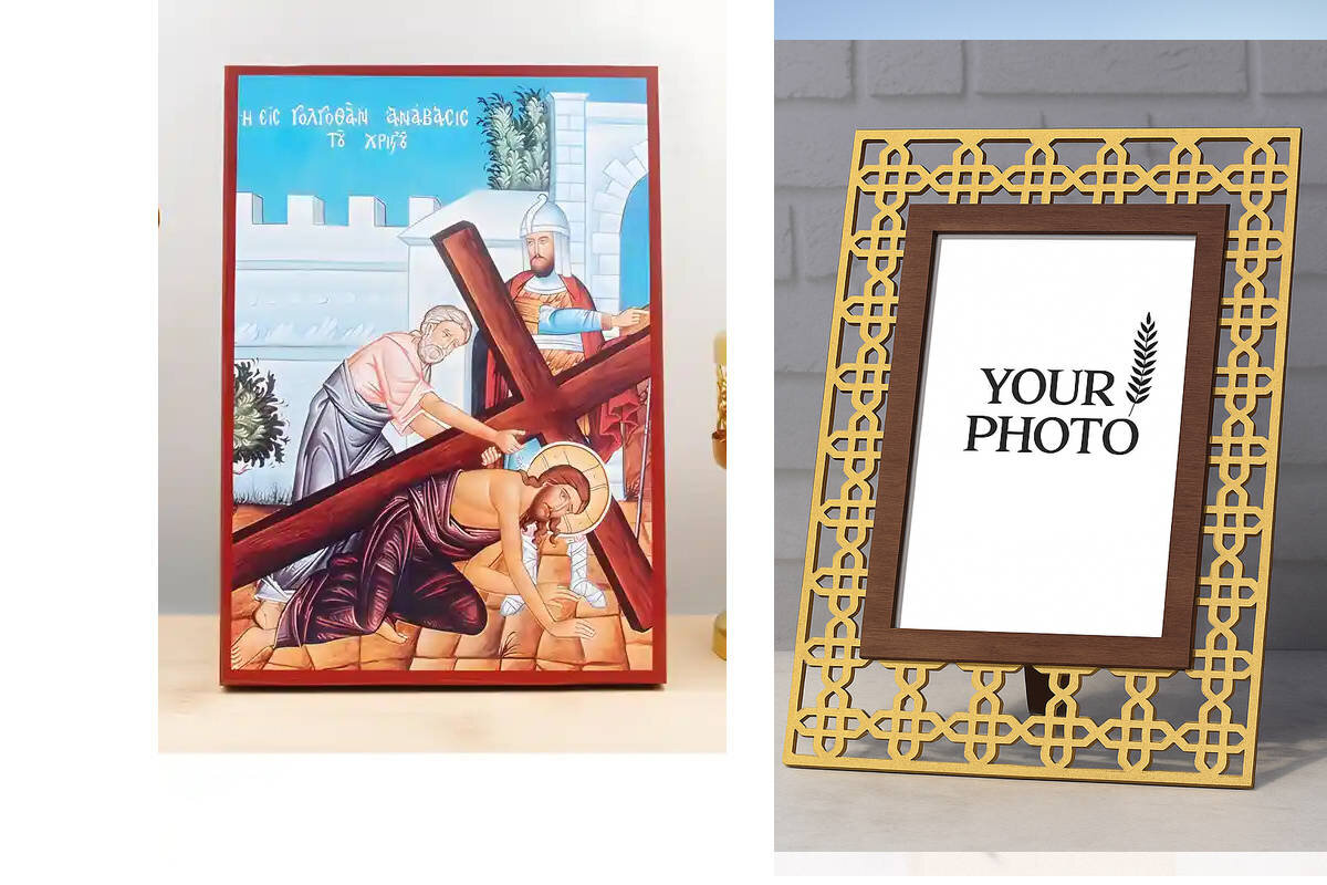 Σετ 2 τεμαχίων – Εικόνα Ορθοδοξίας Πολυτελείας  με  σχεδιο Σταυρούς μαζι με  Βάση σε  8 χρώματα με περίγραμμα χρυσό σε ξύλο Plywood (Πλακάζ)   με  βάση Ο Ιησούς Χριστός Ανάληψη στον Γολγοθά, Ξύλινη Χειροποίητη Εικόνα Ελληνικού Premium Βυζαντινού Στυλ τοίχ