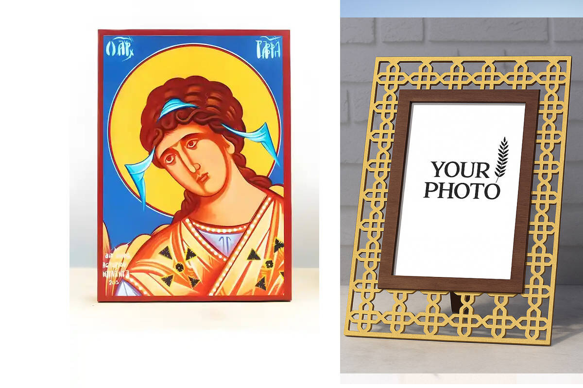 Σετ 2 τεμαχίων – Εικόνα Ορθοδοξίας Πολυτελείας  με  σχεδιο Σταυρούς μαζι με  Βάση σε  8 χρώματα με περίγραμμα χρυσό σε ξύλο Plywood (Πλακάζ)   με  βάση Αρχάγγελος Γαβριήλ, Ξύλινη Χειροποίητη Εικόνα Ελληνικού Premium Βυζαντινού Στυλ Κρεμαστή σε ξύλινη πλάκ