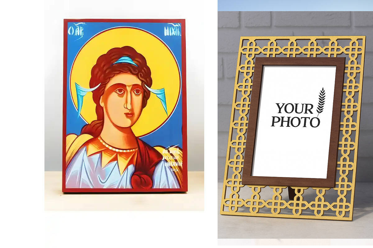 Σετ 2 τεμαχίων – Εικόνα Ορθοδοξίας Πολυτελείας  με  σχεδιο Σταυρούς μαζι με  Βάση σε  8 χρώματα με περίγραμμα χρυσό σε ξύλο Plywood (Πλακάζ)   με  βάση Αρχάγγελος Μιχαήλ, Ξύλινη Χειροποίητη Εικόνα Ελληνικού Premium Βυζαντινού Στυλ Κρεμασμένο σε ξύλινη πλά