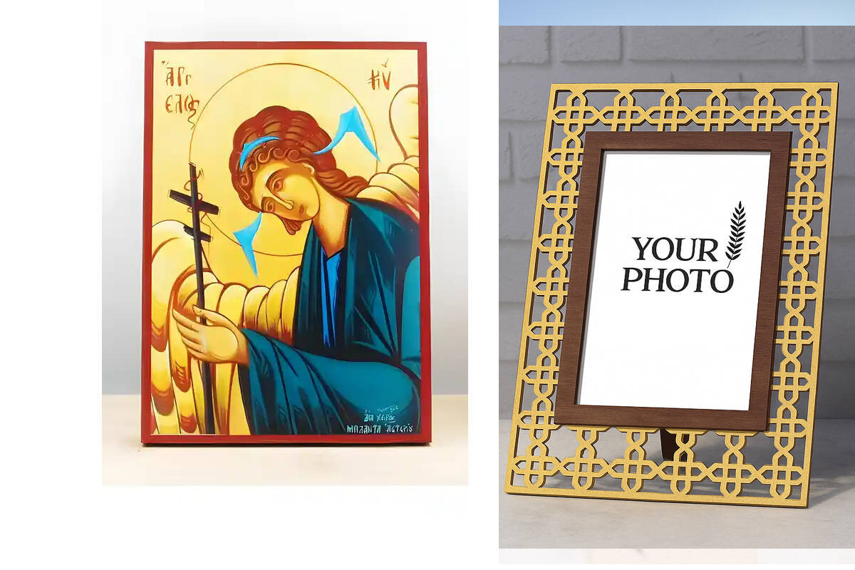 Σετ 2 τεμαχίων – Εικόνα Ορθοδοξίας Πολυτελείας  με  σχεδιο Σταυρούς μαζι με  Βάση σε  8 χρώματα με περίγραμμα χρυσό σε ξύλο Plywood (Πλακάζ)   με  βάση Άγγελος του Κυρίου, Ξύλινη Χειροποίητη Εικόνα Ελληνικού Premium Βυζαντινού Στυλ Κρεμασμένο σε ξύλινη πλ