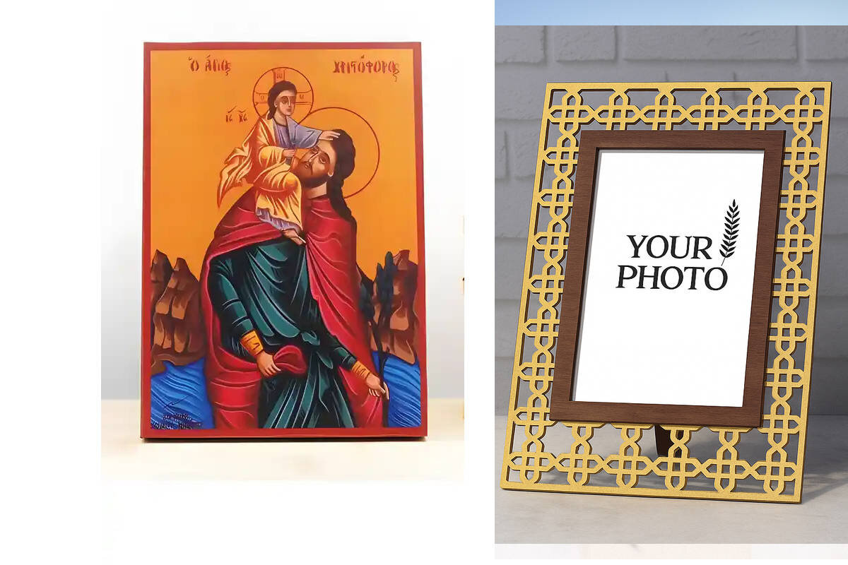 Σετ 2 τεμαχίων – Εικόνα Ορθοδοξίας Πολυτελείας  με  σχεδιο Σταυρούς μαζι με  Βάση σε  8 χρώματα με περίγραμμα χρυσό σε ξύλο Plywood (Πλακάζ)   με  βάση Άγιος Χριστόφορος που κουβαλά τον Ιησού Χριστό, Ξύλινη Χειροποίητη Εικόνα Ελληνικού Premium Βυζαντινού