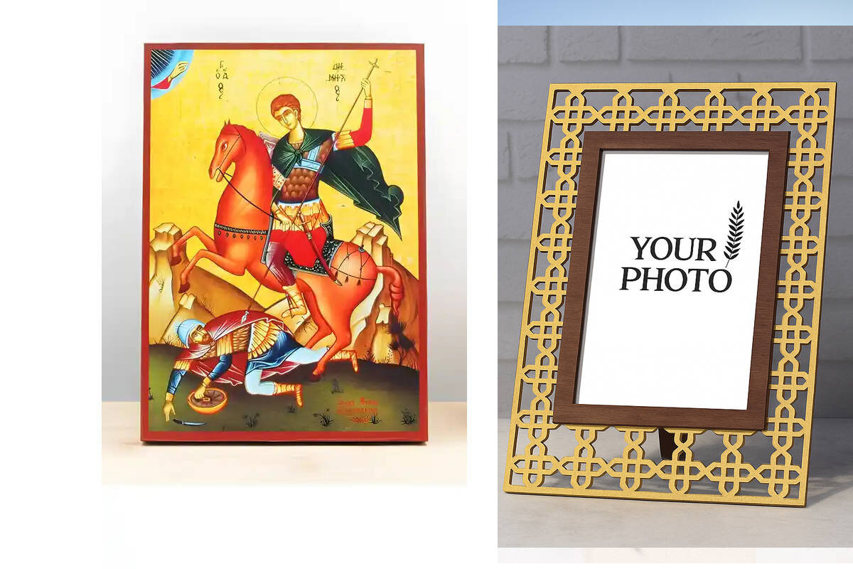 Σετ 2 τεμαχίων – Εικόνα Ορθοδοξίας Πολυτελείας  με  σχεδιο Σταυρούς μαζι με  Βάση σε  8 χρώματα με περίγραμμα χρυσό σε ξύλο Plywood (Πλακάζ)   με  βάση Άγιος Δημήτριος Θεσσαλονίκης, Ξύλινη Χειροποίητη Εικόνα Ελληνικής Premium Βυζαντινής Στυλ Κρεμαστή σε ξ