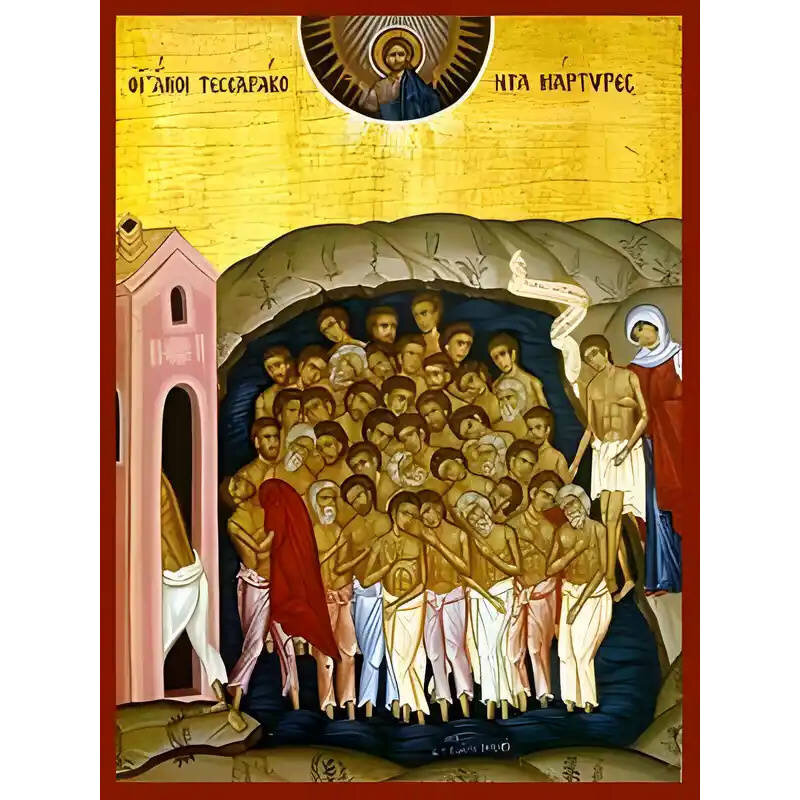 Εικόνα Ορθοδοξίας με περίγραμμα χρυσό σε ξύλο Φλαμουρίας  με  βάση Εικόνα ΑΓΙΟΙ ΤΕΣΣΑΡΑΚΟΝΤΑ ΜΑΡΤΥΡΕΣ ΣΕΒΑΣΤΕΙΑΣ Χειροποίητη Ελληνορθόδοξη εικόνα του Ιησού Χριστού, Κρεμαστή πλάκα βυζαντινής τέχνης, χριστιανική τέχνη Διάσταση 40x30 cm (10,2x7,9 ίντσες)  I