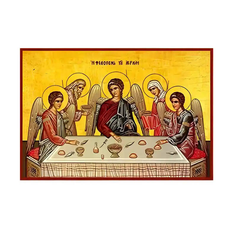 Σετ των 2 Εικόνα Ορθοδοξίας με περίγραμμα χρυσό σε ξύλο Φλαμουρίας  με  βάση Εικόνα Φιλοξενία του Αβραάμ Χειροποίητη Ελληνορθόδοξη , Κρεμαστή πλάκα βυζαντινής τέχνης, χριστιανική τέχνη Διάσταση 10x7 cm (3,9 x 2,8 ίντσες) INTRAEK-670913