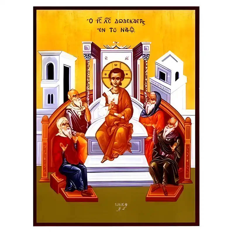 Σετ των 2 Εικόνα Ορθοδοξίας με περίγραμμα χρυσό σε ξύλο Φλαμουρίας  με  βάση Εικόνα Χριστός δωδεκαετής εν τω Ναώ, Μεσοπεντηκοστή Χειροποίητη Ελληνορθόδοξη , Κρεμαστή πλάκα βυζαντινής τέχνης, χριστιανική τέχνη Διάσταση 10x7 cm (3,9 x 2,8 ίντσες) INTRAEK-67