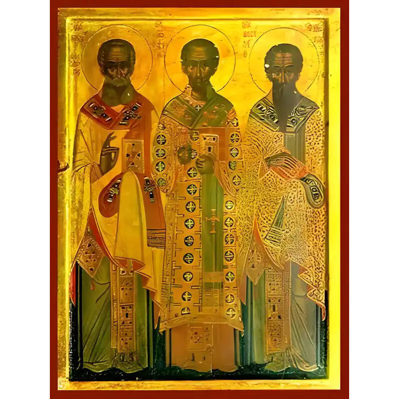 Εικόνα Ορθοδοξίας με περίγραμμα χρυσό σε ξύλο Φλαμουρίας  με  βάση Εικόνα ΑΓΙΟΙ ΤΡΕΙΣ ΙΕΡΑΡΧΕΣ, ΒΑΣΙΛΕΙΟΣ Ο ΜΕΓΑΣ, ΓΡΗΓΟΡΙΟΣ Ο ΘΕΟΛΟΓΟΣ, ΙΩΑΝΝΗΣ Ο ΧΡΥΣΟΣΤΟΜΟΣ, ΟΛΟΣΩΜΟΙ Χειροποίητη Ελληνορθόδοξη εικόνα του Ιησού Χριστού, Κρεμαστή πλάκα βυζαντινής τέχνης,