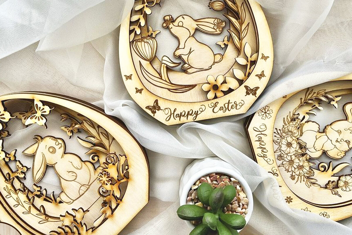 Σετ των 3 Intra απο ξύλο plywood 3mm-4mm πάχος - Πακέτο πασχαλινών αυγών και κουνελιών (5 στο σύνολο) Δίασταση 5x6 cm INTRAFABR-27281084