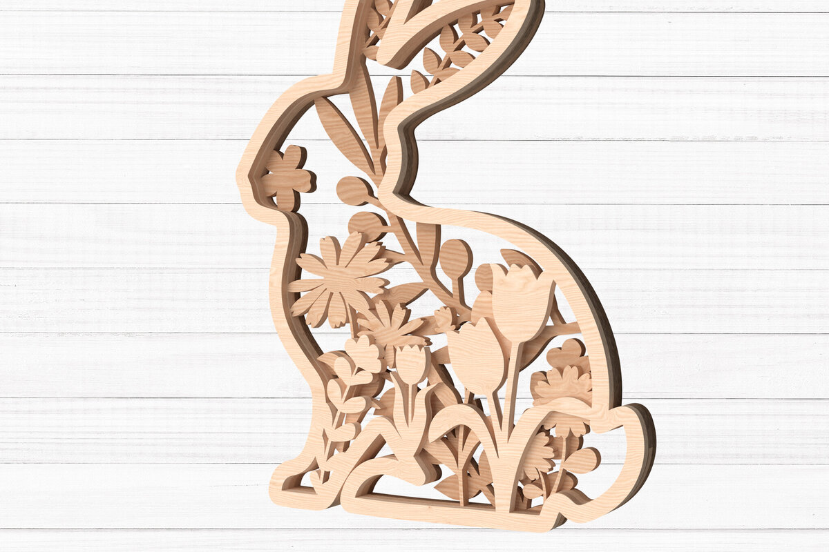 Intra απο ξύλο plywood 3mm-4mm πάχος - Πασχαλινό λουλουδάτο λαγουδάκι με  Δίασταση 30x20 cm INTRAFABR-113692183