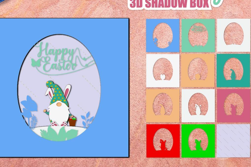 Σετ των 2 Intra απο ξύλο plywood 3mm-4mm πάχος - Πασχαλινό Gnome 3D Shadow Box Δίασταση 25x25 cm INTRAFABR-25670073