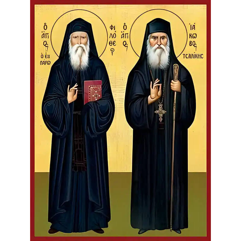 Εικόνα Ορθοδοξίας με περίγραμμα χρυσό σε ξύλο Φλαμουρίας  με  βάση Εικόνα ΑΓΙΟΙ ΦΙΛΟΘΕΟΣ ΖΕΡΒΑΚΟΣ Ο ΕΝ ΠΑΡΩ, ΙΑΚΩΒΟΣ ΤΣΑΛΙΚΗΣ, ΟΛΟΣΩΜΟΙ Χειροποίητη Ελληνορθόδοξη εικόνα του Ιησού Χριστού, Κρεμαστή πλάκα βυζαντινής τέχνης, χριστιανική τέχνη Διάσταση 40x30