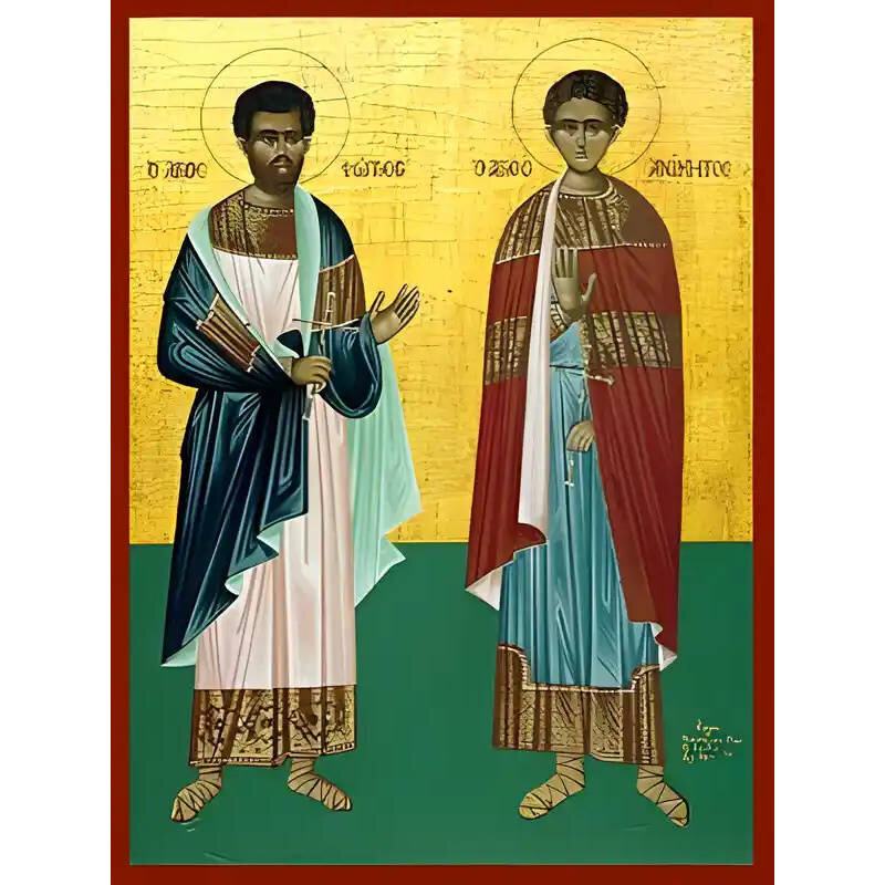 Εικόνα Ορθοδοξίας με περίγραμμα χρυσό σε ξύλο Φλαμουρίας  με  βάση Εικόνα ΑΓΙΟΙ ΦΩΤΙΟΣ ΚΑΙ ΑΝΙΚΗΤΟΣ ΝΙΚΟΜΗΔΕΙΑΣ, ΟΛΟΣΩΜΟΙ Χειροποίητη Ελληνορθόδοξη εικόνα του Ιησού Χριστού, Κρεμαστή πλάκα βυζαντινής τέχνης, χριστιανική τέχνη Διάσταση 40x30 cm (10,2x7,9 ί