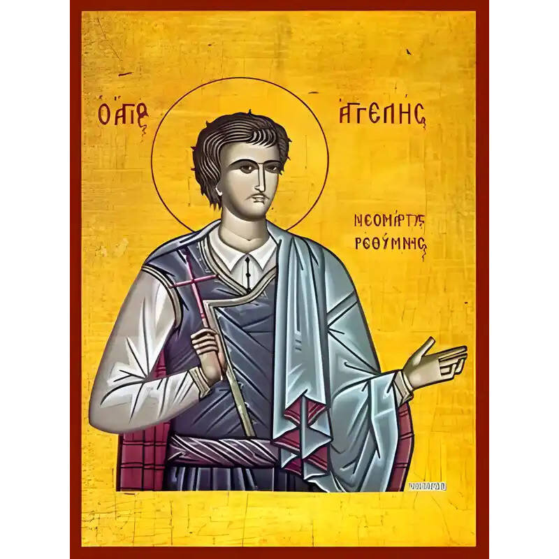 Εικόνα Ορθοδοξίας με περίγραμμα χρυσό σε ξύλο Φλαμουρίας  με  βάση Εικόνα ΑΓΙΟΣ ΑΓΓΕΛΗΣ, ΝΕΟΜΑΡΤΥΣ ΡΕΘΥΜΝΗΣ Χειροποίητη Ελληνορθόδοξη εικόνα του Ιησού Χριστού, Κρεμαστή πλάκα βυζαντινής τέχνης, χριστιανική τέχνη Διάσταση 40x30 cm (10,2x7,9 ίντσες)  INTRAE