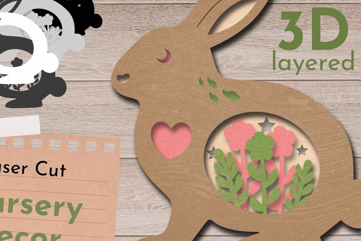 Intra απο ξύλο plywood 3mm-4mm πάχος - Πασχαλινή διακόσμηση κουνελιού, 3D Layered , Dxf Δίασταση 30x20 cm INTRAFABR-58461784