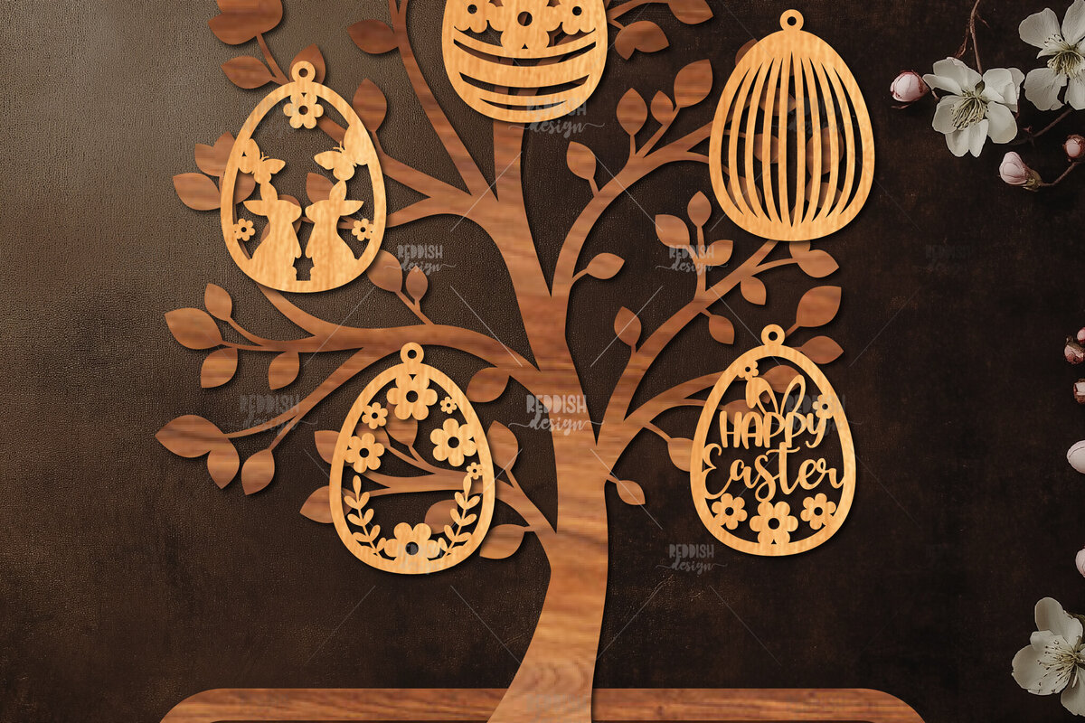 Σετ των 2 Intra απο ξύλο plywood 3mm-4mm πάχος - Πασχαλινό Δέντρο με Αυγά Laser Cut  Δίασταση 15x15 cm INTRAFABR-117168812