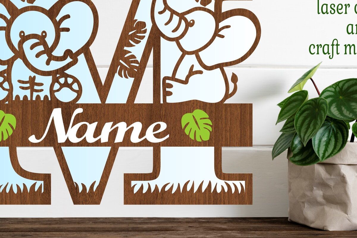 Intra απο ξύλο plywood 3mm-4mm πάχος - Μονόγραμμα με κεφαλαίο ελέφαντα Γράμμα M  Δίασταση 30x20 cm INTRAFABR-73248596