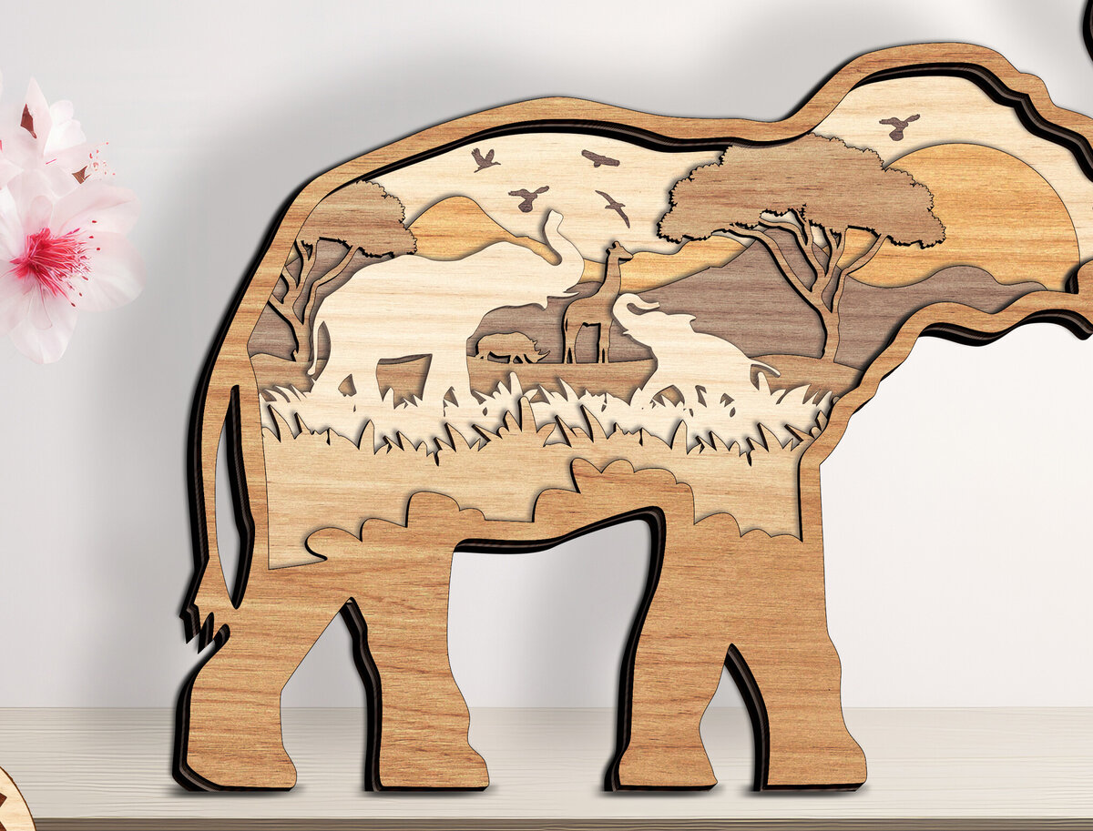 Σετ των 2 Intra απο ξύλο plywood 3mm-4mm πάχος - Elephant with Safari Scene Layered  Δίασταση 20x20 cm INTRAFABR-93780015