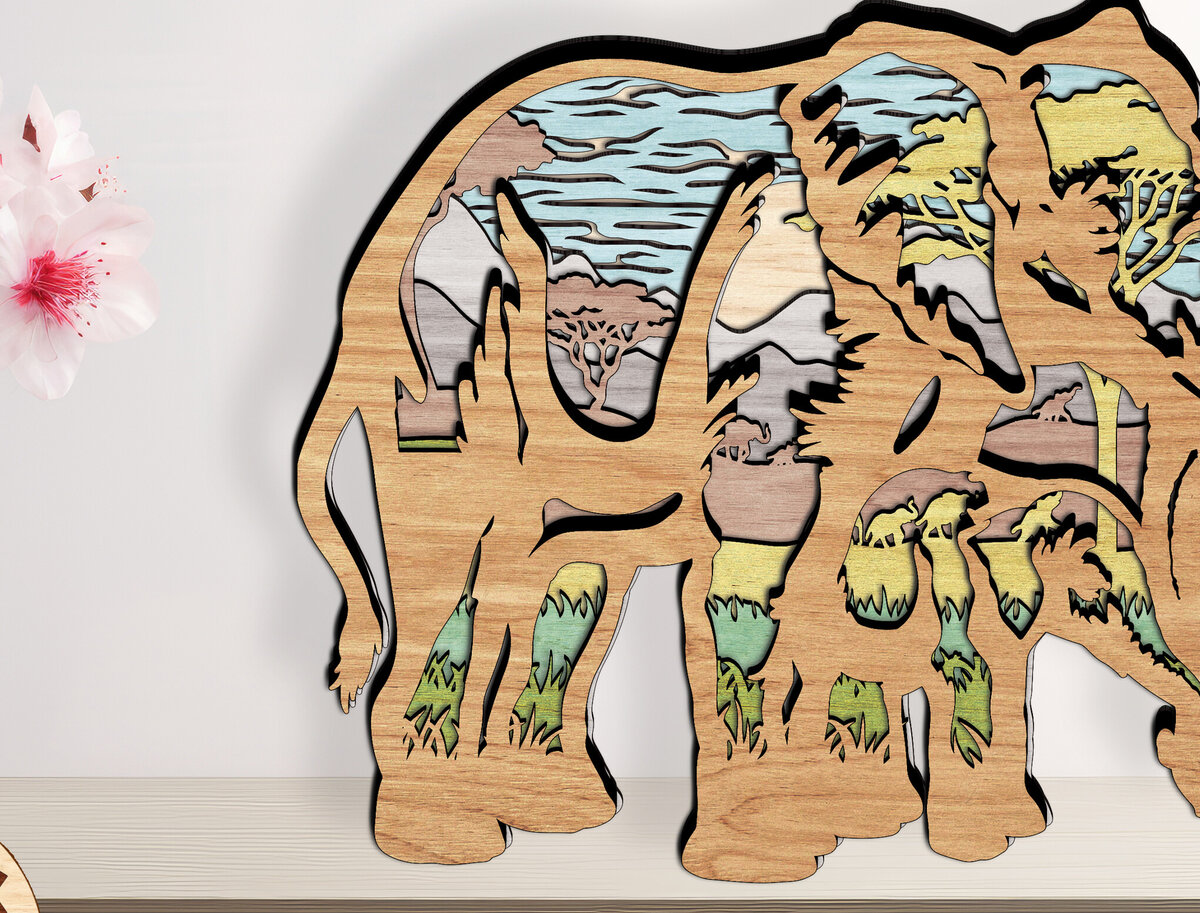 Σετ των 2 Intra απο ξύλο plywood 3mm-4mm πάχος - Ελέφαντας με στρώσεις σκηνής σαφάρι Δίασταση 20x20 cm INTRAFABR-93994995