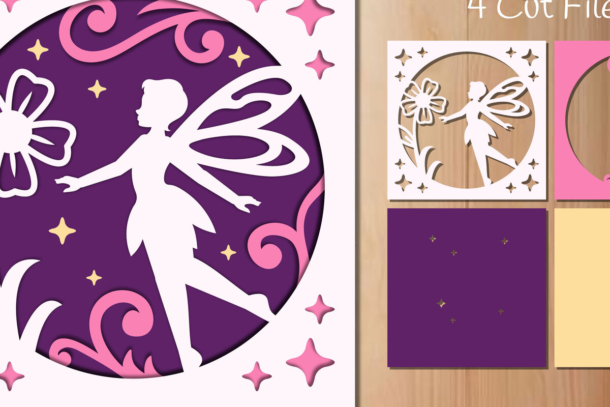 Σετ των 2 Intra απο ξύλο plywood 3mm-4mm πάχος - Νεράιδα και λουλούδια με στρώσεις Papercut  Δίασταση 20x20 cm INTRAFABR-85899063