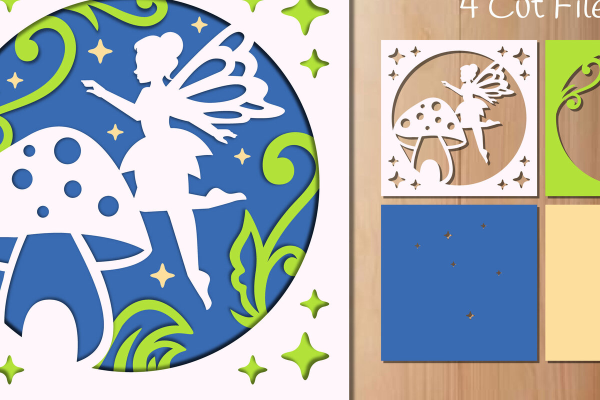 Σετ των 2 Intra απο ξύλο plywood 3mm-4mm πάχος - Νεράιδα και μανιτάρια Papercut  Δίασταση 20x20 cm INTRAFABR-85899010