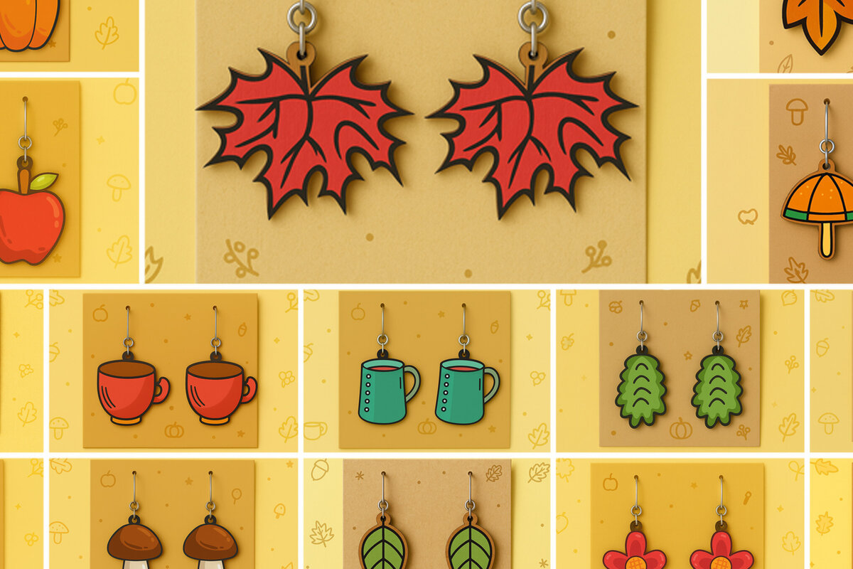 Σετ των 3 Intra απο ξύλο plywood 3mm-4mm πάχος - Πακέτο κοπής με λέιζερ σκουλαρίκι Fall  Δίασταση 3x3 cm INTRAFABR-125294562