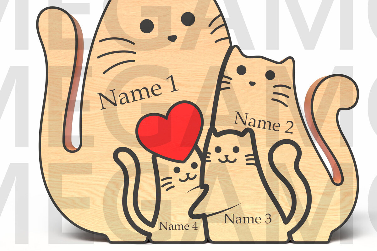 Σετ των 2 Intra απο ξύλο plywood 3mm-4mm πάχος - Οικογενειακές γάτες με  καρδιάς  Δίασταση 20x20 cm INTRAFABR-121637318