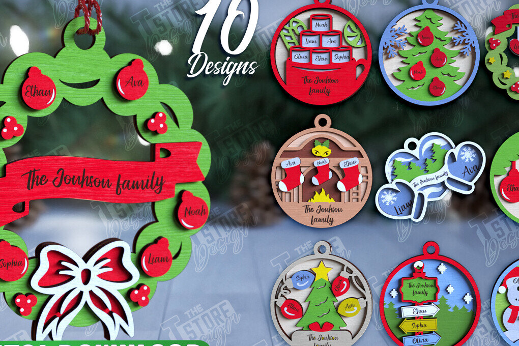 Σετ των 3 Intra απο ξύλο plywood 3mm-4mm πάχος - Οικογενειακό χριστουγεννιάτικο στολίδι | CNC Δίασταση 6x6 cm INTRAFABR-109881636