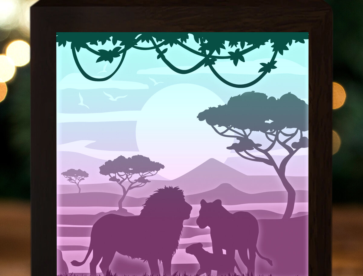 Σετ των 2 Intra απο ξύλο plywood 3mm-4mm πάχος - Φωτιστικό κουτί Family Lion 3 Paper Cut Δίασταση 20x20 cm INTRAFABR-27643874