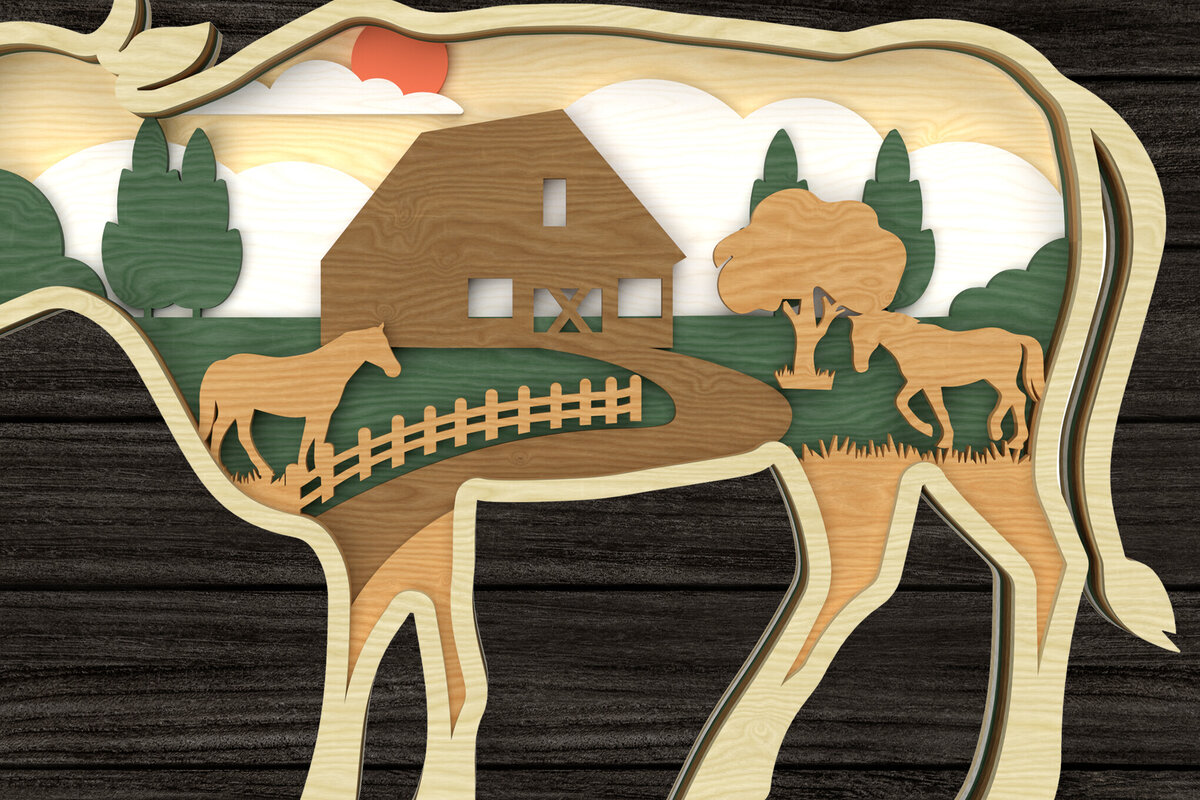 Intra απο ξύλο plywood 3mm-4mm πάχος - Αγρόκτημα Σκηνή αγελάδας με στρώματα  Δίασταση 30x20 cm INTRAFABR-113691971