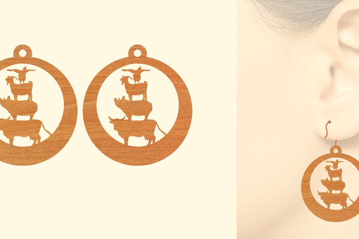 Σετ των 3 Intra απο ξύλο plywood 3mm-4mm πάχος - Ξύλινα σκουλαρίκια Farmhouse Animal Wood  Δίασταση 3x3 cm INTRAFABR-70640840