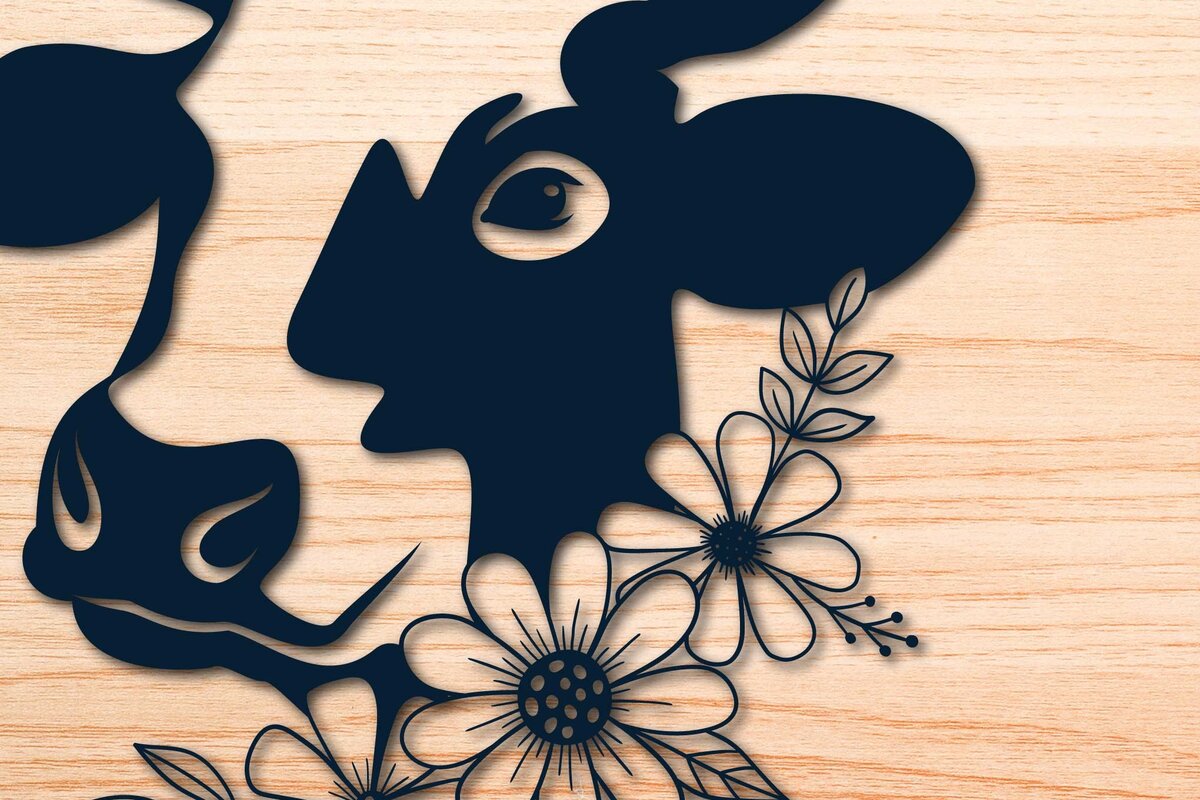 Σετ των 2 Intra απο ξύλο plywood 3mm-4mm πάχος - Farmhouse Floral Cow  κοπής με λέιζερ Δίασταση 20x20 cm INTRAFABR-69106347