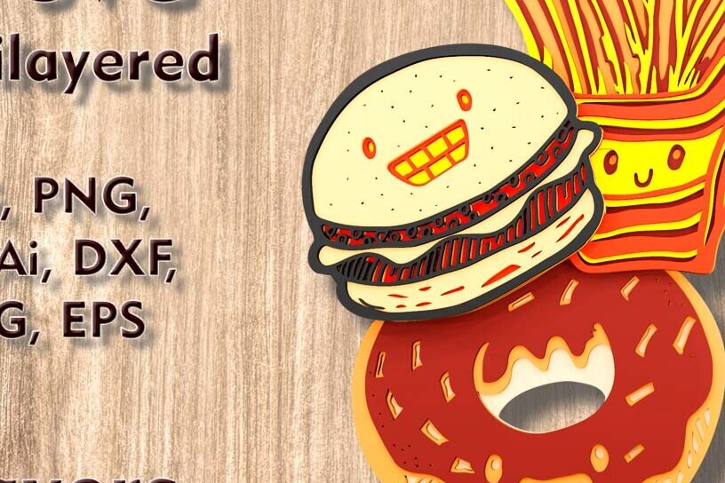 Σετ των 3 Intra απο ξύλο plywood 3mm-4mm πάχος - Αρχεία λέιζερ πολλαπλών επιπέδων Fast Food 3D  Δίασταση 4x8 cm INTRAFABR-109512131