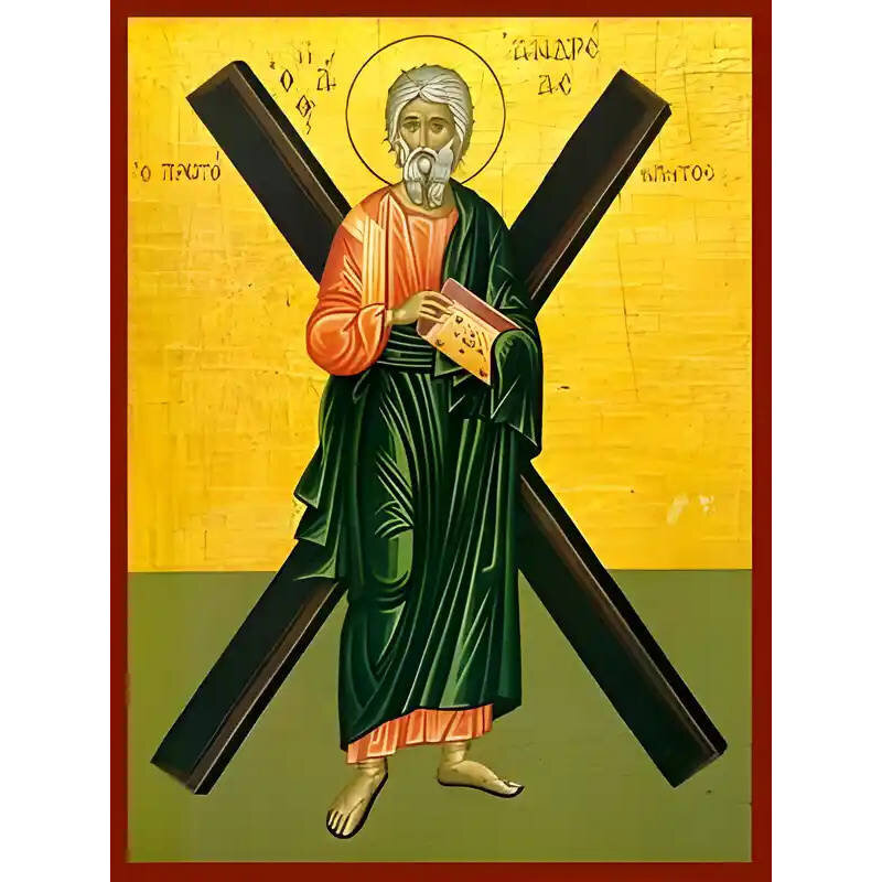 Εικόνα Ορθοδοξίας με περίγραμμα χρυσό σε ξύλο Φλαμουρίας  με  βάση Εικόνα ΑΓΙΟΣ ΑΠΟΣΤΟΛΟΣ ΑΝΔΡΕΑΣ, Ο ΠΡΩΤΟΚΛΗΤΟΣ, ΜΕ ΣΤΑΥΡΟ, ΟΛΟΣΩΜΟΣ Χειροποίητη Ελληνορθόδοξη εικόνα του Ιησού Χριστού, Κρεμαστή πλάκα βυζαντινής τέχνης, χριστιανική τέχνη Διάσταση 40x30 cm