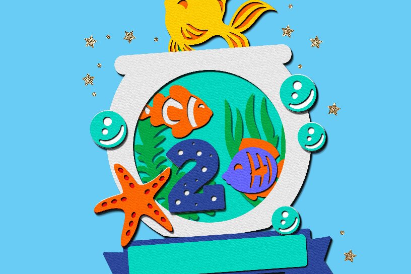 Σετ των 2 Intra απο ξύλο plywood 3mm-4mm πάχος - Fish Bowl Cake Topper 3D  Δίασταση 20x20 cm INTRAFABR-109101820