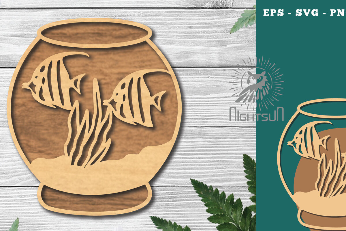 Σετ των 2 Intra απο ξύλο plywood 3mm-4mm πάχος - Ψάρια σε μπολ Διακόσμηση κοπής με λέιζερ 4 Δίασταση 20x20 cm INTRAFABR-118735496