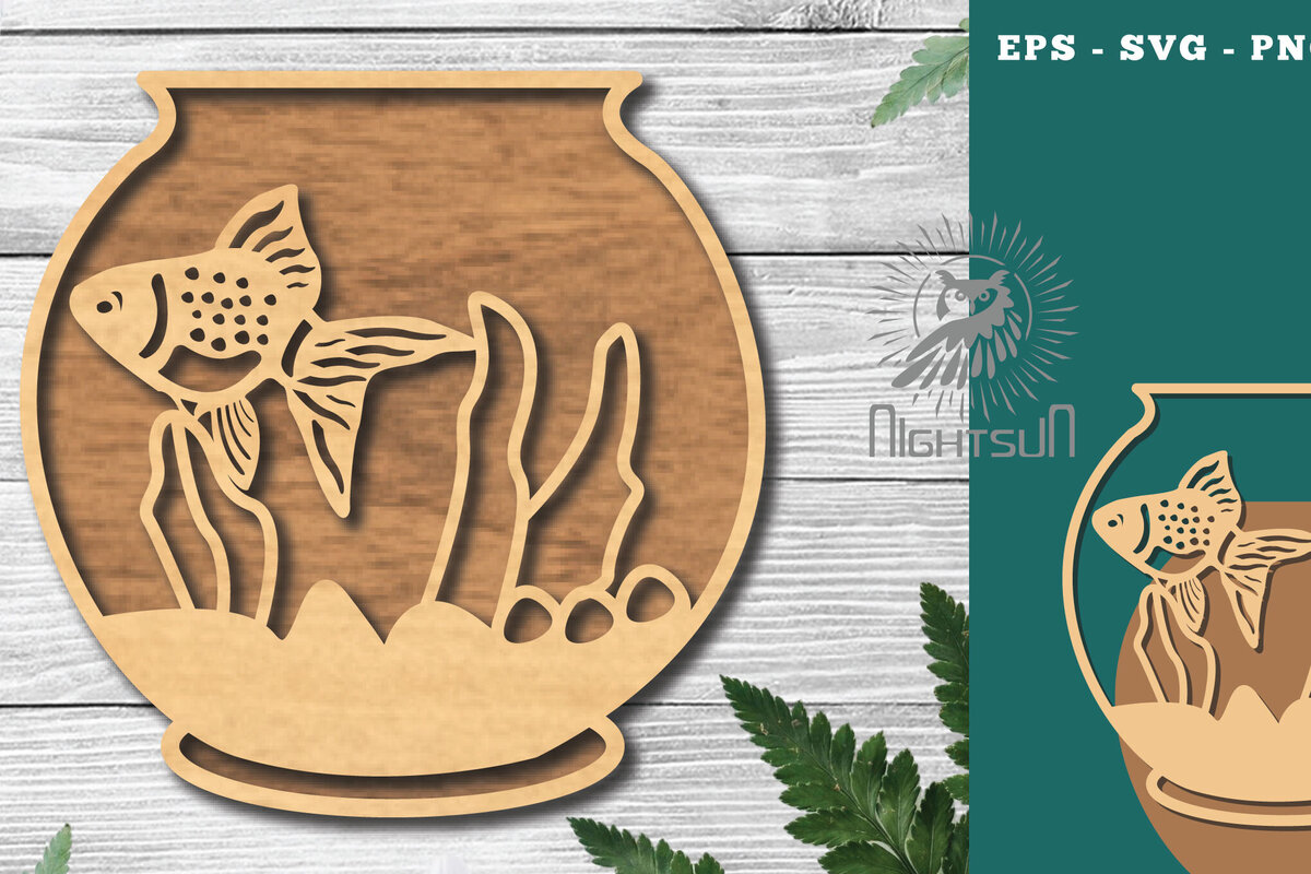 Σετ των 2 Intra απο ξύλο plywood 3mm-4mm πάχος - Ψάρια σε μπολ Διακόσμηση κοπής με λέιζερ 6 Δίασταση 20x20 cm INTRAFABR-118735544