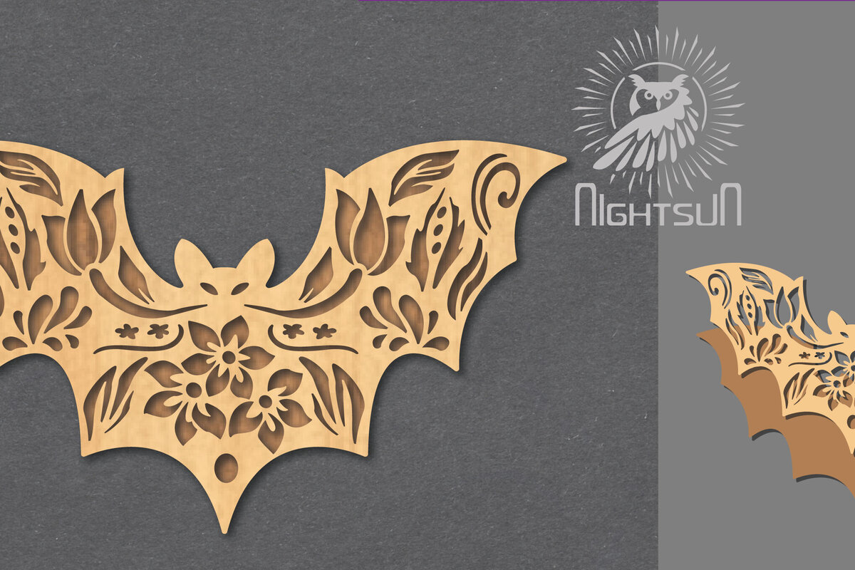 Σετ των 2 Intra απο ξύλο plywood 3mm-4mm πάχος - Διακόσμηση με λουλουδάτο κομμένο λέιζερ νυχτερίδα 5 Δίασταση 20x20 cm INTRAFABR-123188104