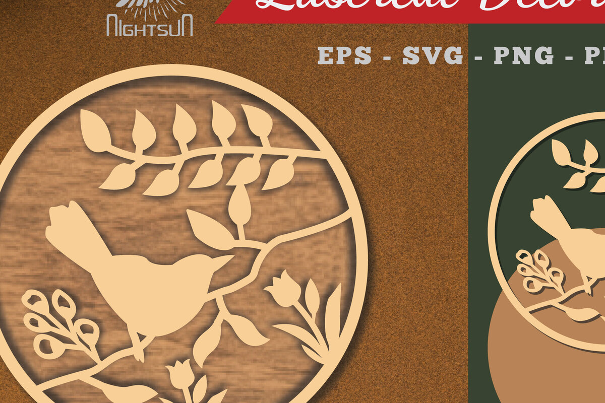 Σετ των 2 Intra απο ξύλο plywood 3mm-4mm πάχος - Floral Bird Round Cut Laser Decoration 1 Δίασταση 20x20 cm INTRAFABR-113108358