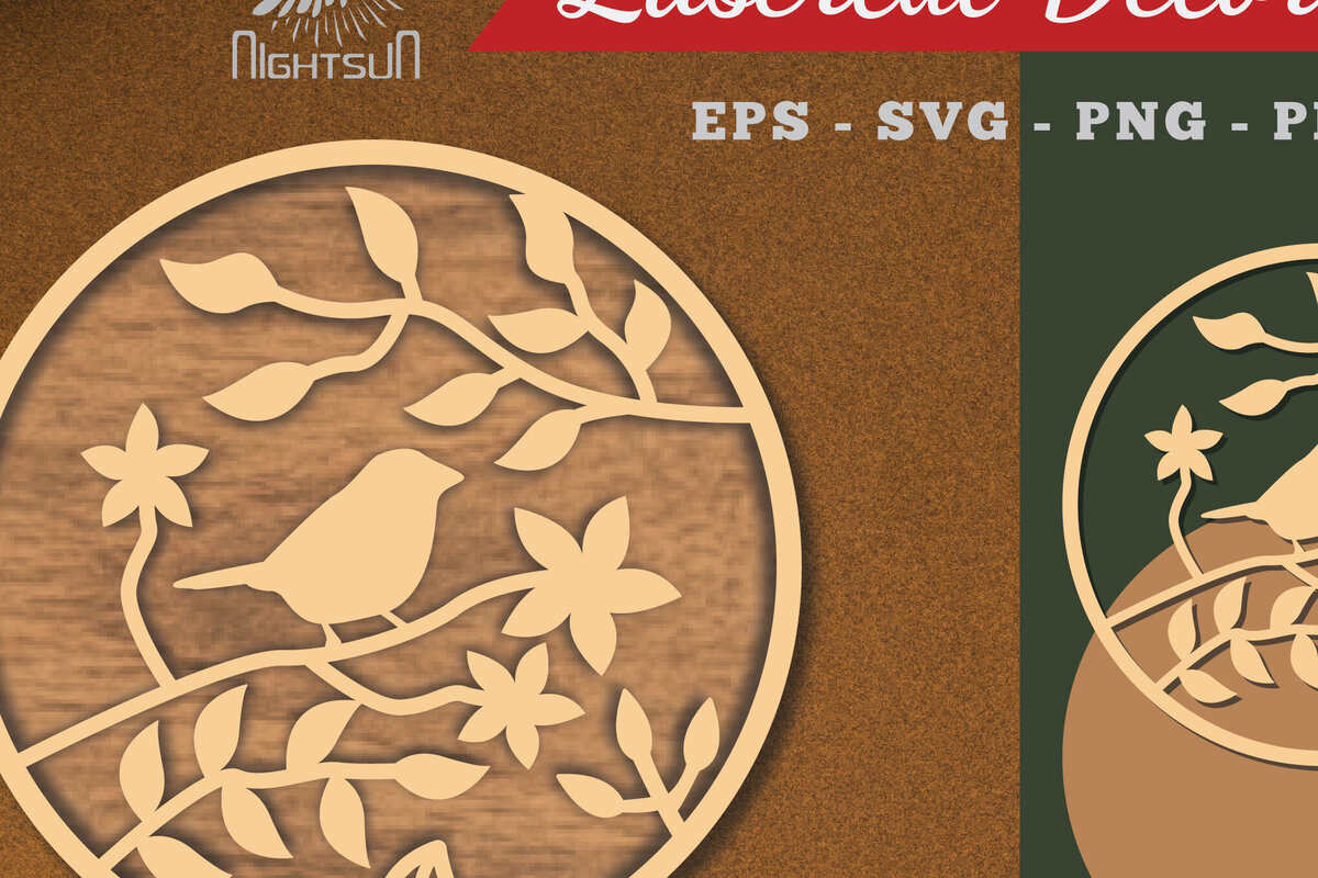 Σετ των 3 Intra απο ξύλο plywood 3mm-4mm πάχος - Floral Bird Round Cut Laser Decoration 3 Δίασταση 20x20 cm INTRAFABR-113108387