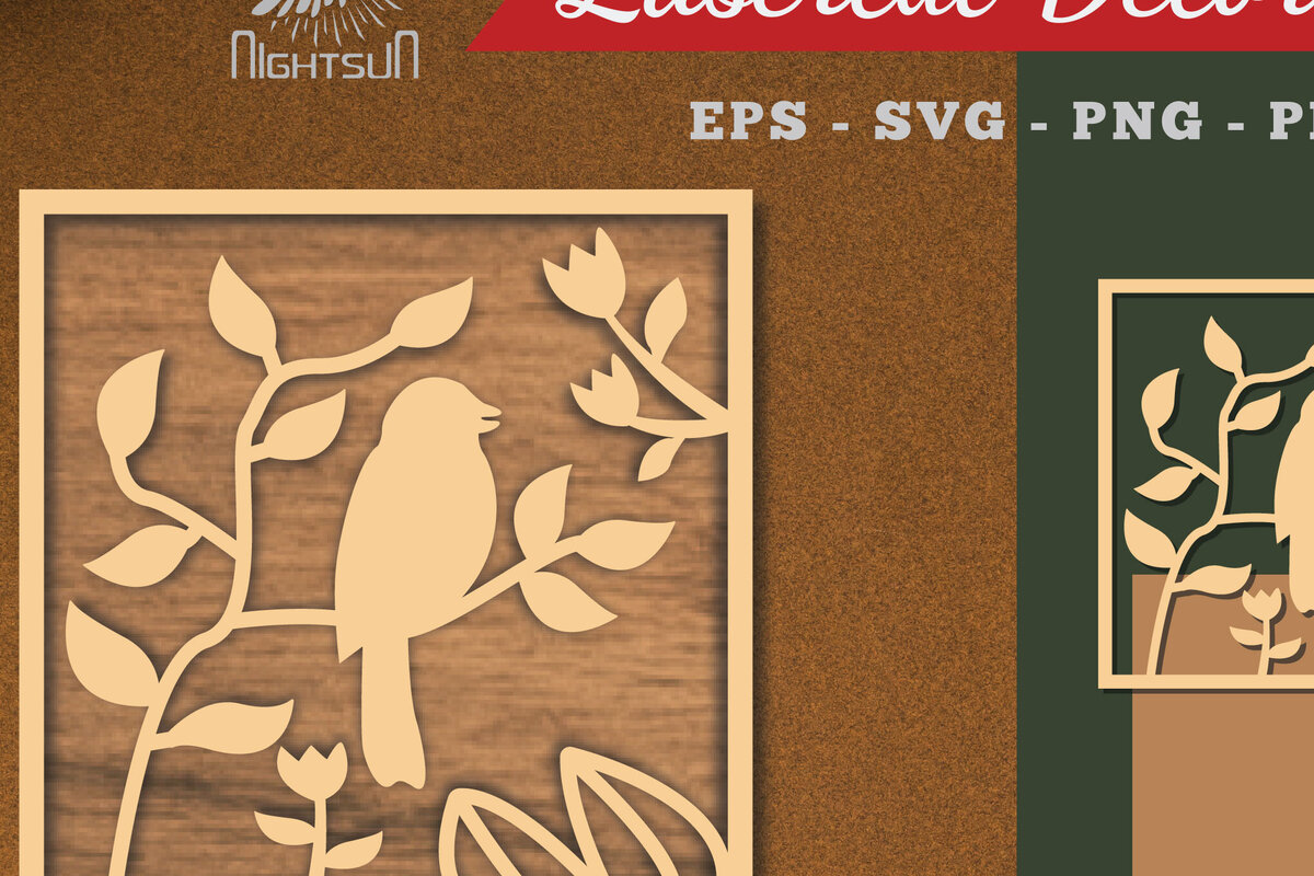 Σετ των 3 Intra απο ξύλο plywood 3mm-4mm πάχος - Floral Bird Square Cut Laser Διακόσμηση Δίασταση 20x20 cm INTRAFABR-113108449