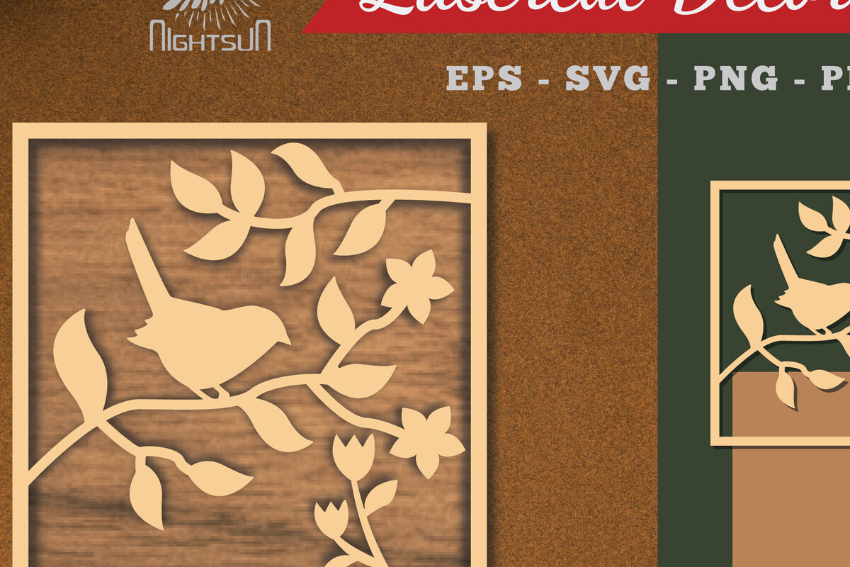 Σετ των 2 Intra απο ξύλο plywood 3mm-4mm πάχος - Floral Bird Square Cut Laser Διακόσμηση Δίασταση 20x20 cm INTRAFABR-113108474