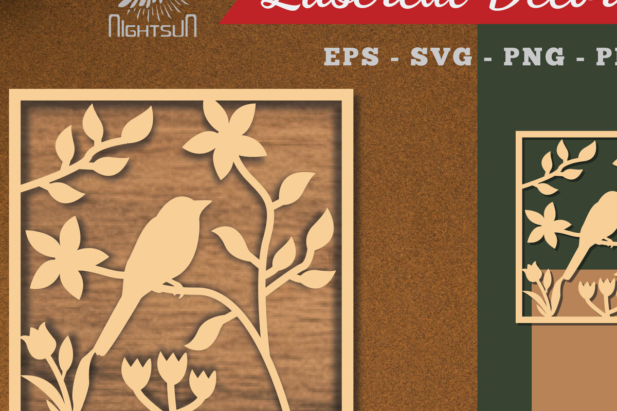 Σετ των 2 Intra απο ξύλο plywood 3mm-4mm πάχος - Floral Bird Square Cut Laser Διακόσμηση Δίασταση 20x20 cm INTRAFABR-113108415