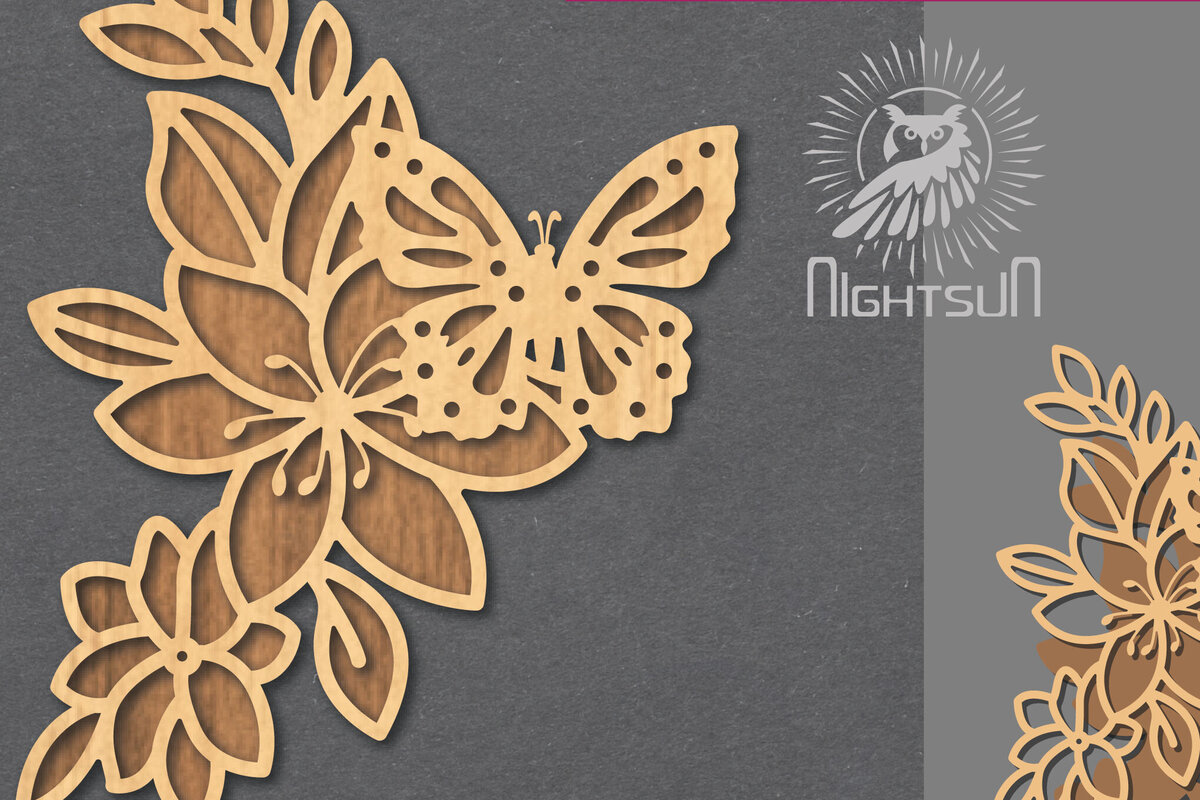 Σετ των 2 Intra απο ξύλο plywood 3mm-4mm πάχος - Floral Butterfly Cut Laser Decoration 4 Δίασταση 20x20 cm INTRAFABR-124512450