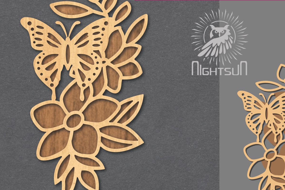 Σετ των 2 Intra απο ξύλο plywood 3mm-4mm πάχος - Floral Butterfly Cut Laser Decoration 5 Δίασταση 20x20 cm INTRAFABR-124512529